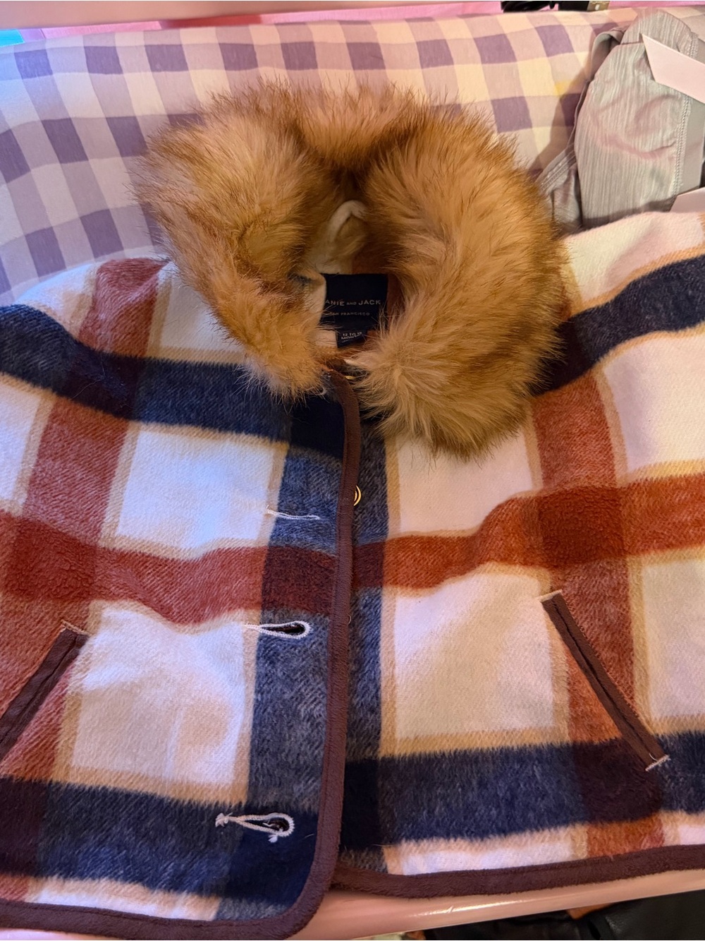 Janie and Jack Plaid Cape with Faux Fur Hood - Rust, Navy & Cream